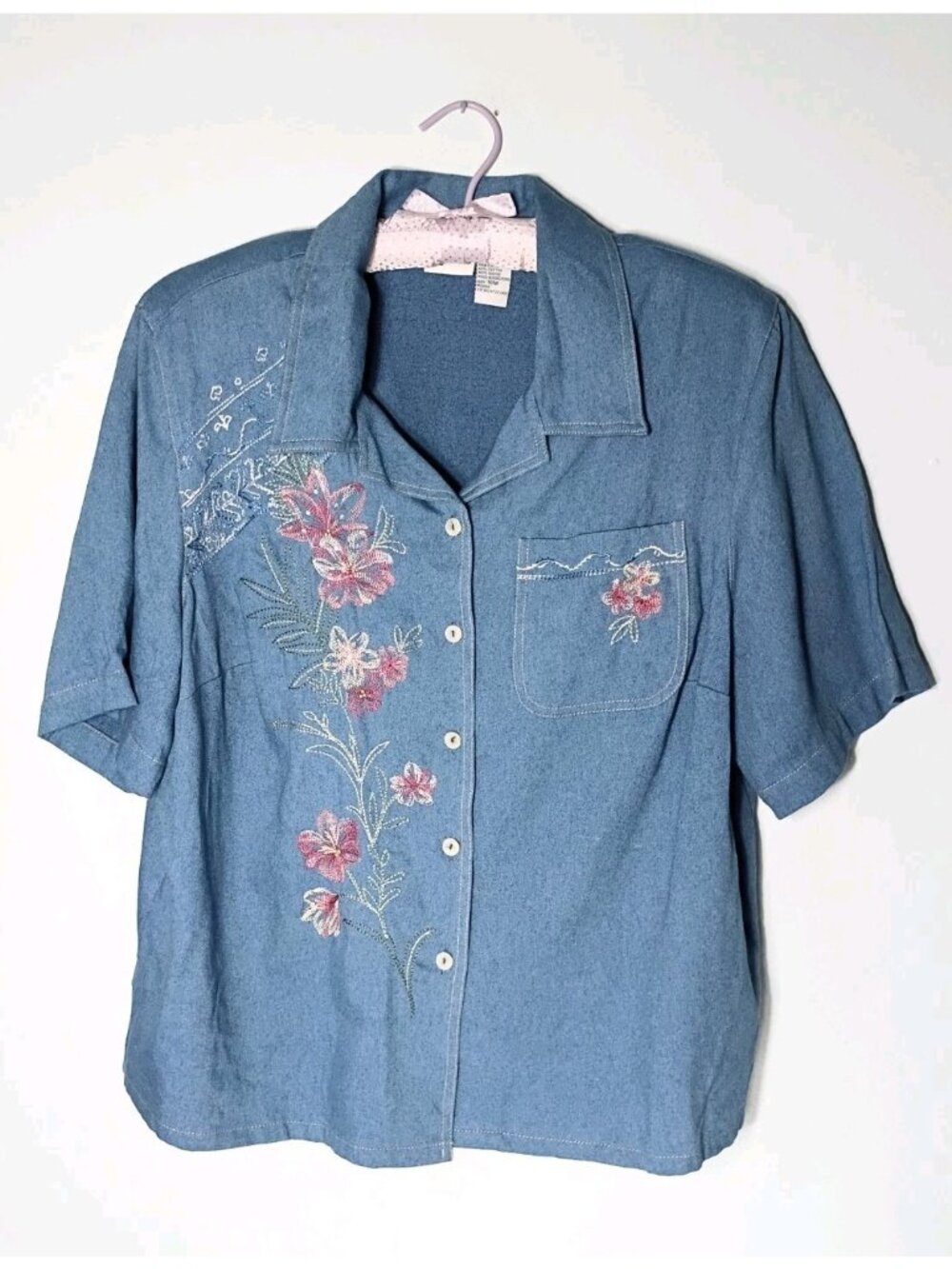 Koret City Blues Embroidered Floral Denim Shirt 18W Stretch Button Up Vintage
